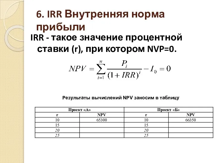 6. IRR Внутренняя норма прибыли IRR - такое значение процентной ставки (r),