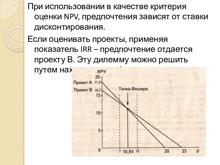 При использовании в качестве критерия оценки NPV, предпочтения зависят от ставки дисконтирования.