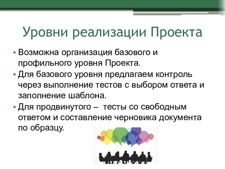 Уровни реализации Проекта Возможна организация базового и профильного уровня Проекта. Для базового