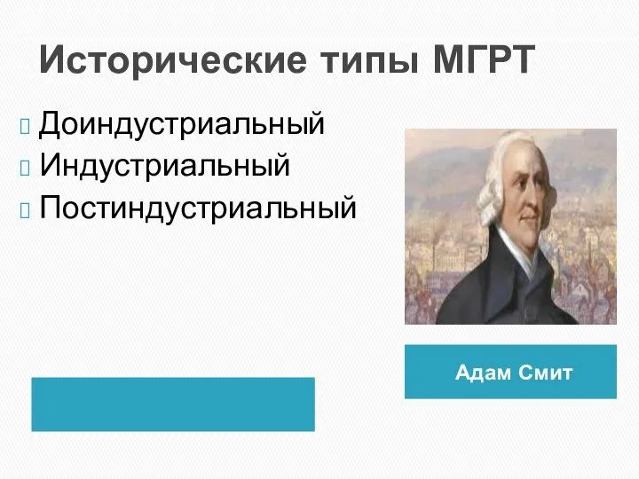 Исторические типы МГРТ Адам Смит Доиндустриальный Индустриальный Постиндустриальный