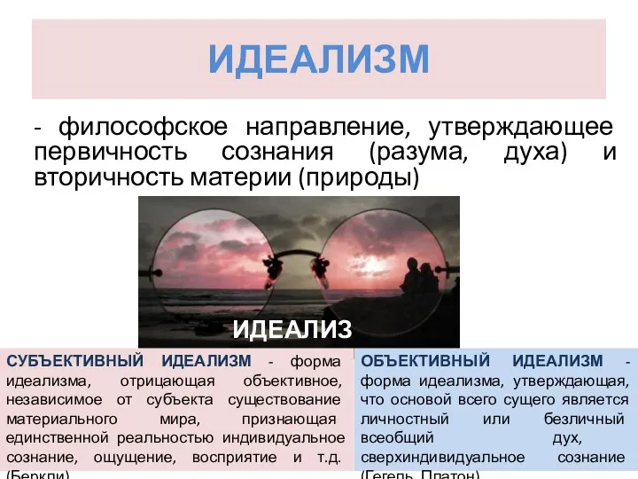 ИДЕАЛИЗМ - философское направление, утверждающее первичность сознания (разума, духа) и вторичность материи