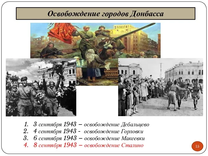 Освобождение городов Донбасса 15 3 сентября 1943 – освобождение Дебальцево 4 сентября