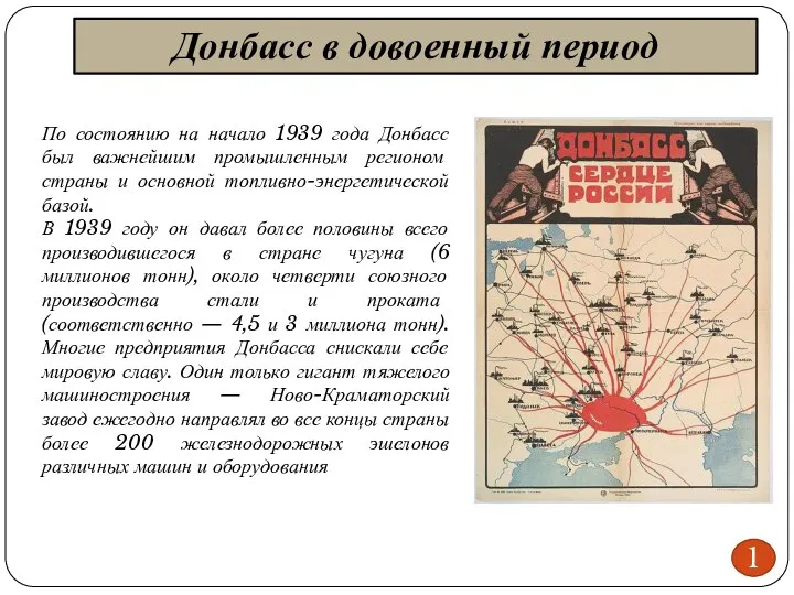 Донбасс в довоенный период 1 По состоянию на начало 1939 года Донбасс