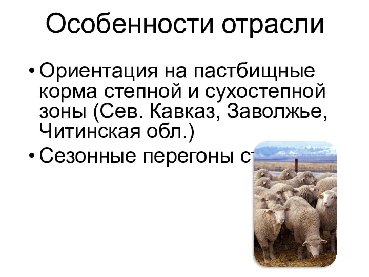 Особенности отрасли Ориентация на пастбищные корма степной и сухостепной зоны (Сев. Кавказ,