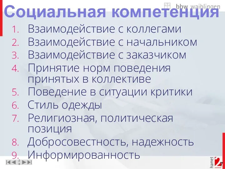 Взаимодействие с коллегами Взаимодействие с начальником Взаимодействие с заказчиком Принятие норм поведения