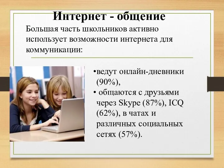 Большая часть школьников активно использует возможности интернета для коммуникации: Интернет - общение