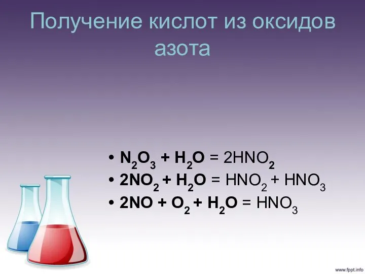 Получение кислот из оксидов азота N2O3 + H2O = 2HNO2 2NO2 +