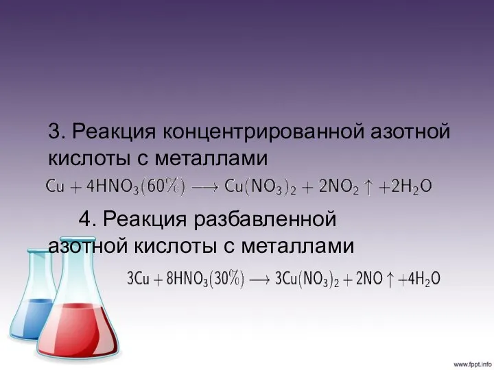 3. Реакция концентрированной азотной кислоты с металлами 4. Реакция разбавленной азотной кислоты с металлами