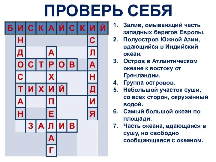 Залив, омывающий часть западных берегов Европы. Полуостров Южной Азии, вдающийся в Индийский