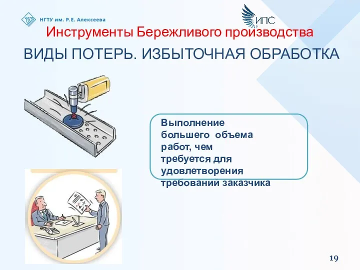 Инструменты Бережливого производства ВИДЫ ПОТЕРЬ. ИЗБЫТОЧНАЯ ОБРАБОТКА Выполнение большего объема работ, чем