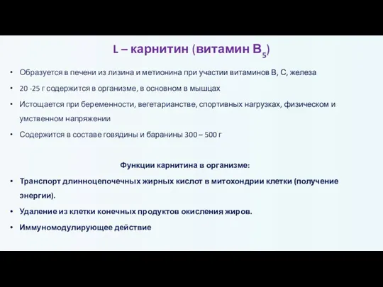 L – карнитин (витамин В5) Образуется в печени из лизина и метионина