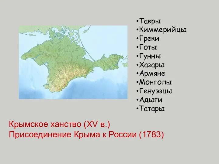 Тавры Киммерийцы Греки Готы Гунны Хазары Армяне Монголы Генуэзцы Адыги Татары Крымское