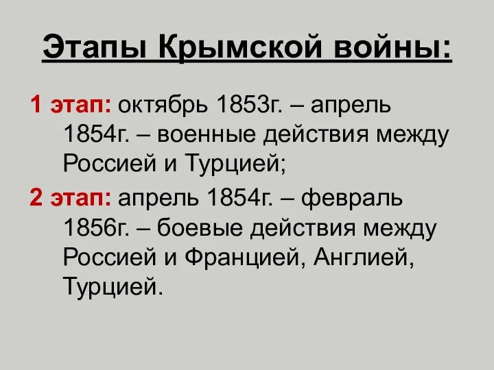 Этапы Крымской войны: 1 этап: октябрь 1853г. – апрель 1854г. – военные