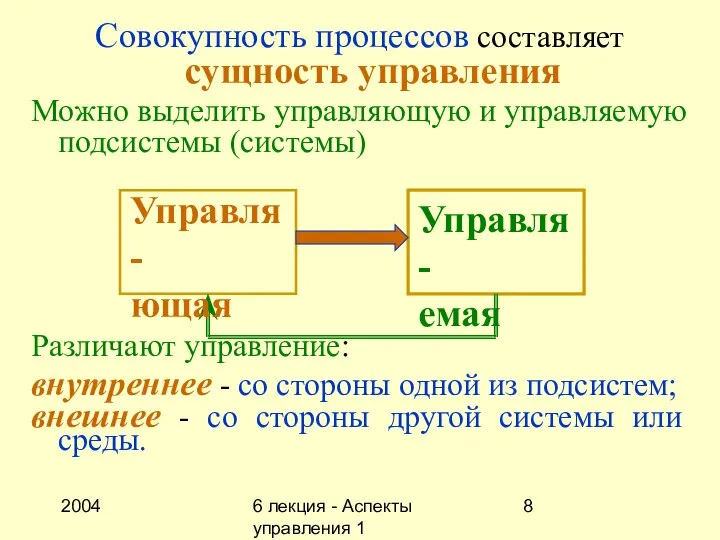 2004 6 лекция - Аспекты управления 1 Совокупность процессов составляет сущность управления