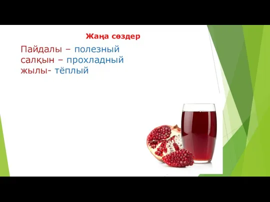 Жаңа сөздер Пайдалы – полезный салқын – прохладный жылы- тёплый