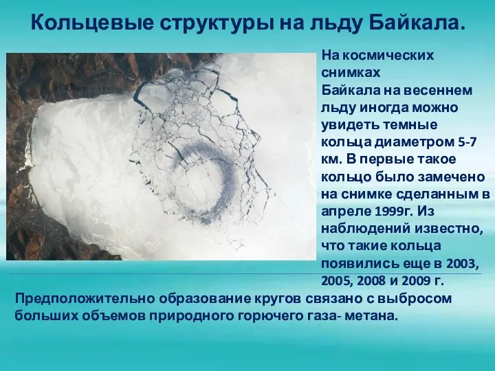 Кольцевые структуры на льду Байкала. На космических снимках Байкала на весеннем льду