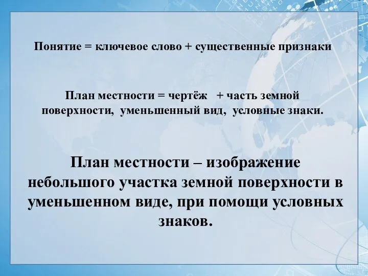 Понятие = ключевое слово + существенные признаки План местности = чертёж +