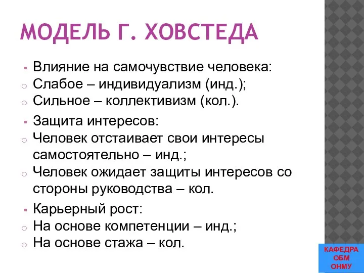 МОДЕЛЬ Г. ХОВСТЕДА Влияние на самочувствие человека: Слабое – индивидуализм (инд.); Сильное