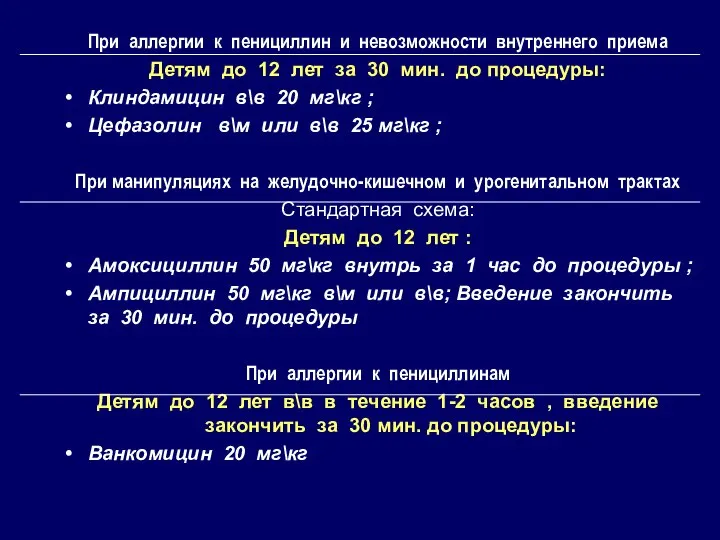 При аллергии к пенициллин и невозможности внутреннего приема Детям до 12 лет