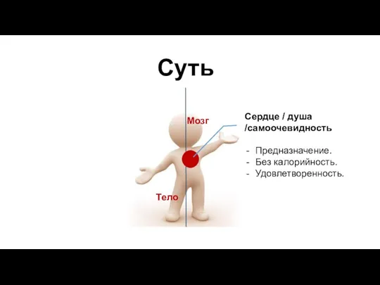 Суть Сердце / душа /самоочевидность Предназначение. Без калорийность. Удовлетворенность. Тело Мозг