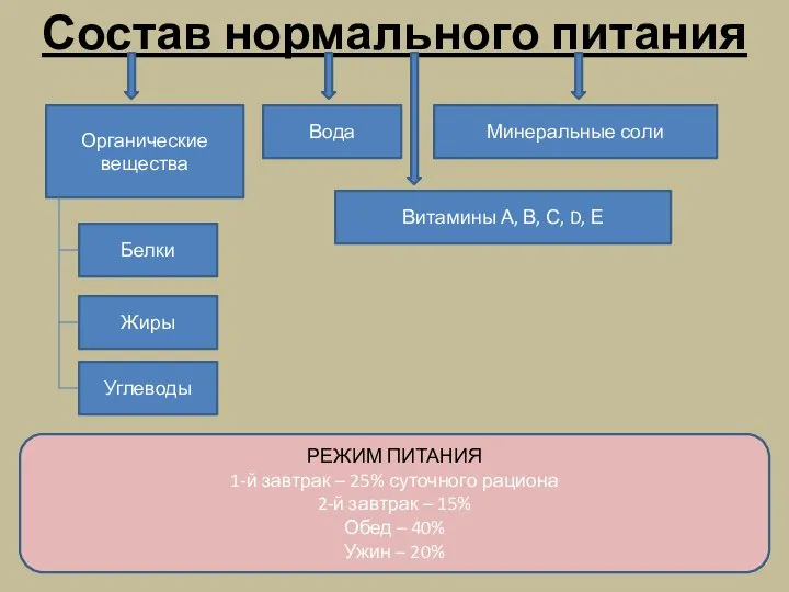 Состав нормального питания Органические вещества Белки Жиры Углеводы Вода Минеральные соли Витамины