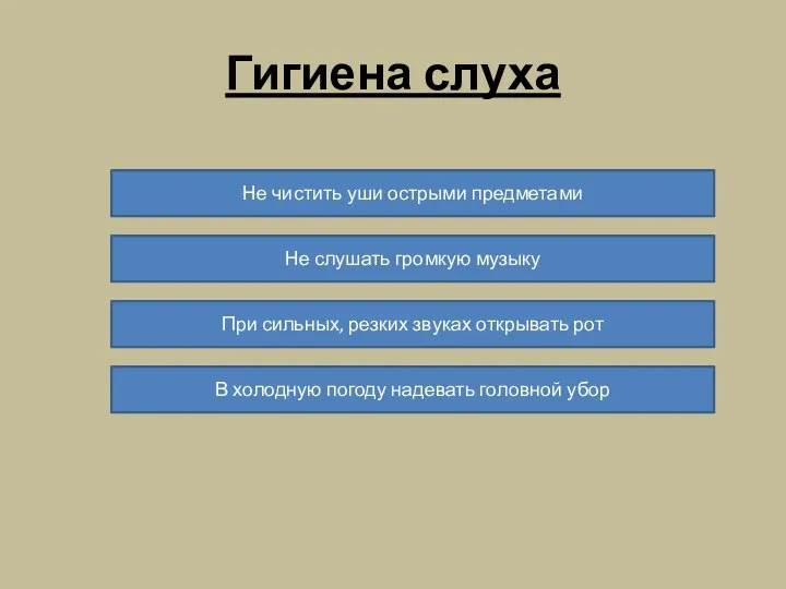 Гигиена слуха Не чистить уши острыми предметами Не слушать громкую музыку При