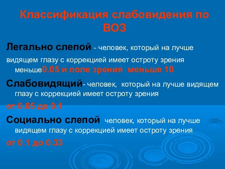 Классификация слабовидения по ВОЗ Легально слепой - человек, который на лучше видящем