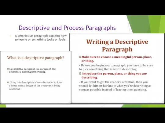 Descriptive and Process Paragraphs A descriptive paragraph explains how someone or something looks or feels.