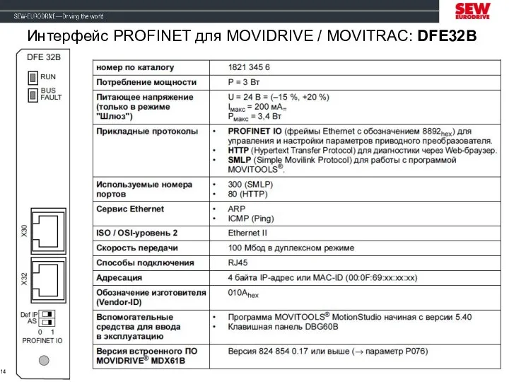 Интерфейс PROFINET для MOVIDRIVE / MOVITRAC: DFE32B