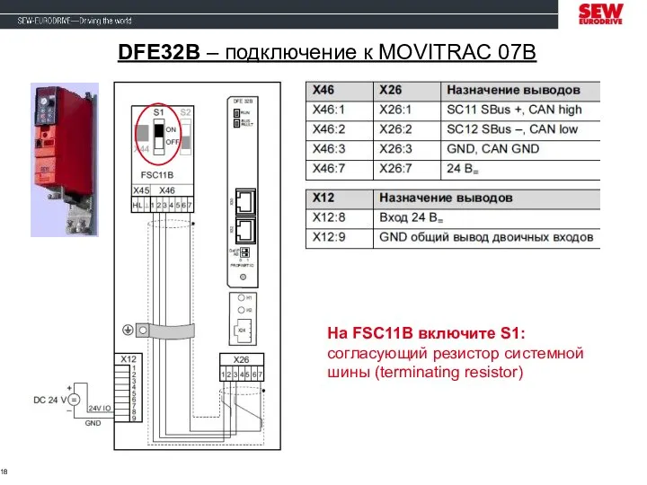 DFE32B – подключение к MOVITRAC 07B На FSC11B включите S1: согласующий резистор системной шины (terminating resistor)