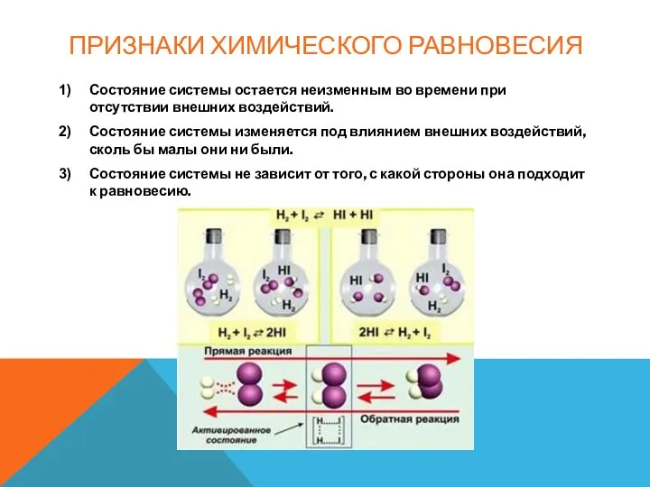 ПРИЗНАКИ ХИМИЧЕСКОГО РАВНОВЕСИЯ Состояние системы остается неизменным во времени при отсутствии внешних