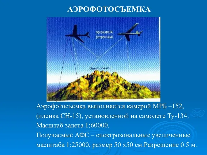 АЭРОФОТОСЪЕМКА Аэрофотосъемка выполняется камерой МРБ –152, (пленка СН-15), установленной на самолете Ту-134.