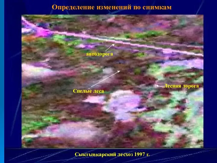 Спелые леса автодорога Лесная дорога Определение изменений по снимкам Сыктывкарский лесхоз 1997 г.