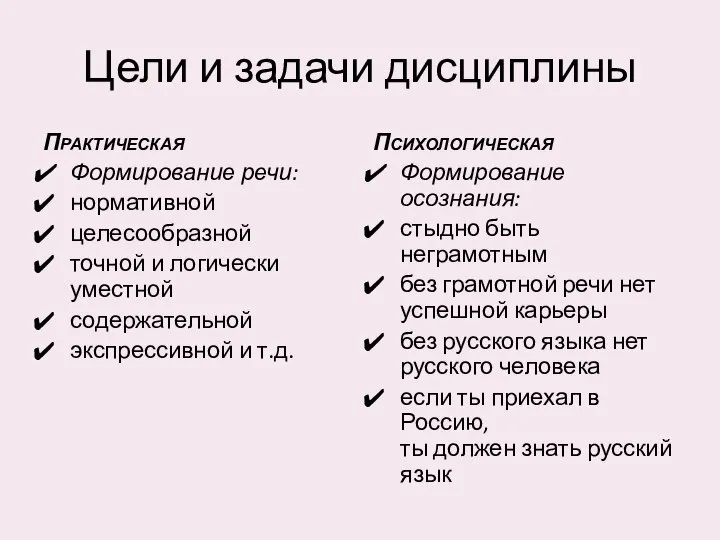 Цели и задачи дисциплины Практическая Формирование речи: нормативной целесообразной точной и логически