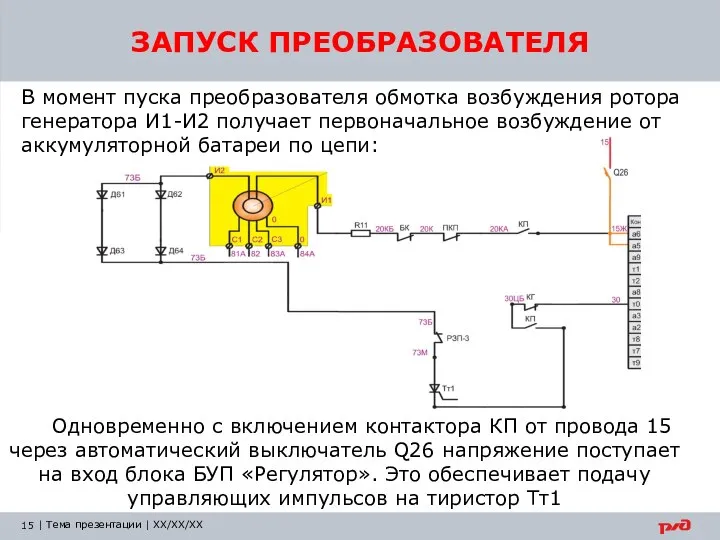 ЗАПУСК ПРЕОБРАЗОВАТЕЛЯ В момент пуска преобразователя обмотка возбуждения ротора генератора И1-И2 получает