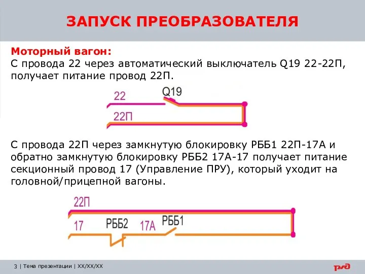 ЗАПУСК ПРЕОБРАЗОВАТЕЛЯ Моторный вагон: С провода 22 через автоматический выключатель Q19 22-22П,