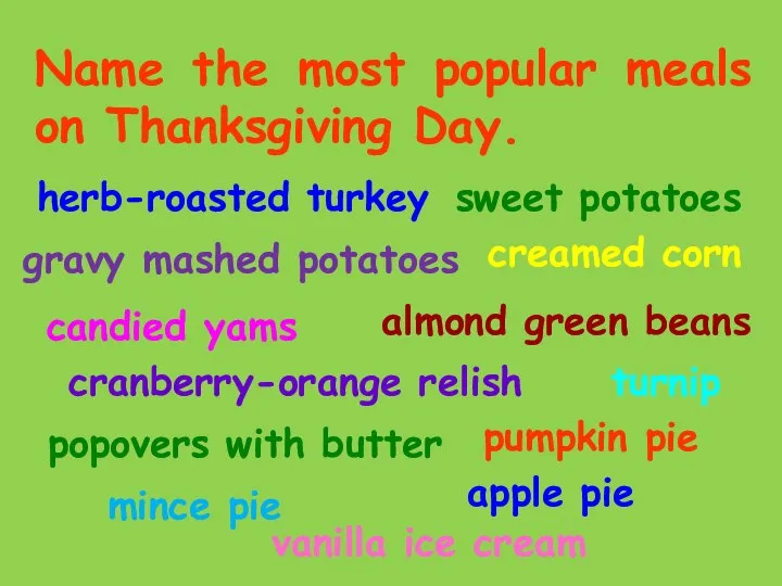 Name the most popular meals on Thanksgiving Day. herb-roasted turkey gravy mashed