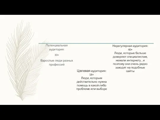 Потенциальная аудитория: 30+ Взрослые люди разных профессий Целевая аудитория: 18+ Люди, которым