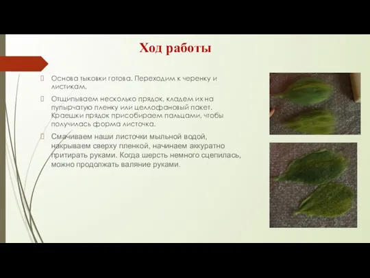 Ход работы Основа тыковки готова. Переходим к черенку и листикам. Отщипываем несколько