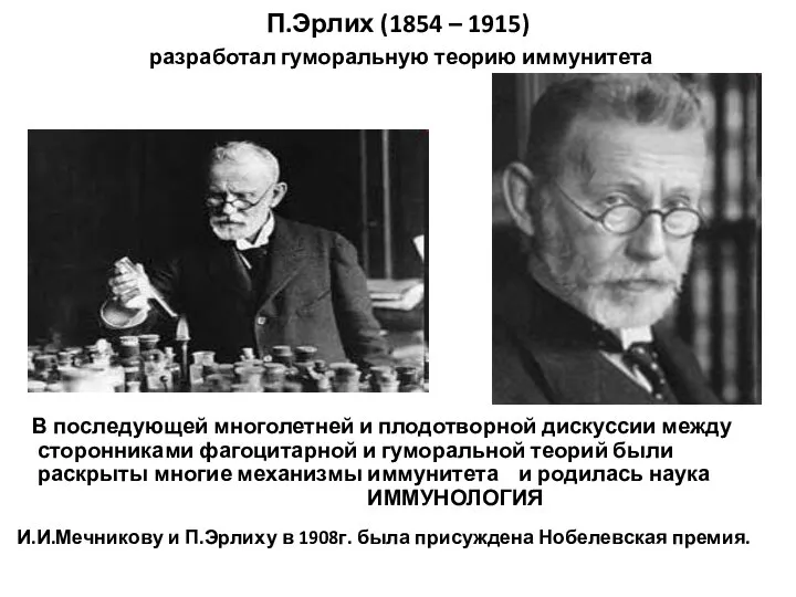 П.Эрлих (1854 – 1915) разработал гуморальную теорию иммунитета В последующей многолетней и