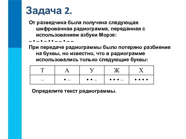 Задача 2. От разведчика была получена следующая шифрованная радиограмма, переданная с использованием