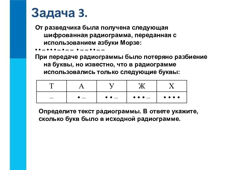 Задача 3. От разведчика была получена следующая шифрованная радиограмма, переданная с использованием