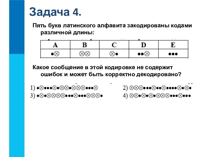 Задача 4. Пять букв латинского алфавита закодированы кодами различной длины: Какое сообщение