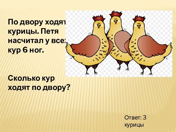 По двору ходят курицы. Петя насчитал у всех кур 6 ног. Сколько