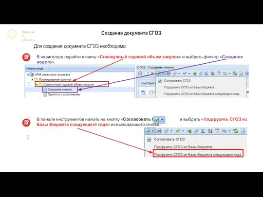 Создание документа СГОЗ В навигаторе перейти в папку «Совокупный годовой объем закупок»