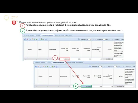 Липецкая область Переходим к изменению суммы планируемой закупки: Исходная позиция плана-графика финансировалась