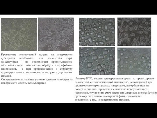 Проведение исследований адгезии на поверхности субстратов показывает, что элементная сера фиксируются на