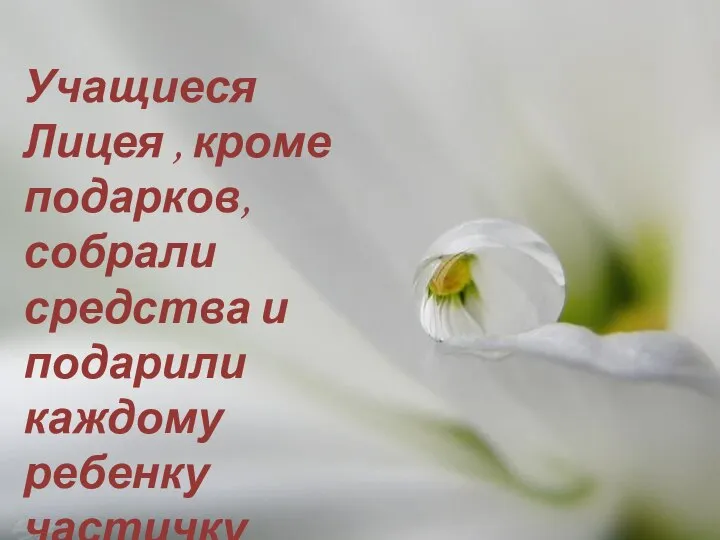 Учащиеся Лицея , кроме подарков, собрали средства и подарили каждому ребенку частичку