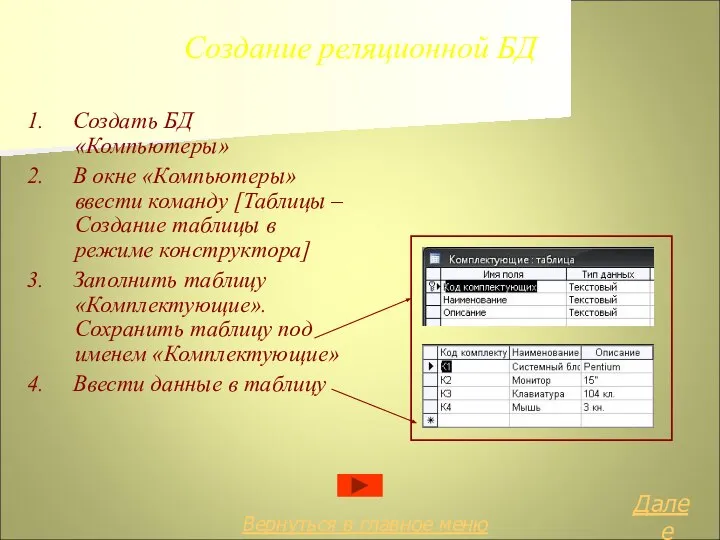 Создание реляционной БД 1. Создать БД «Компьютеры» 2. В окне «Компьютеры» ввести