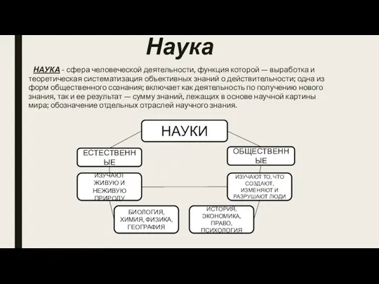 Наука НАУКА - сфера человеческой деятельности, функция которой — выработка и теоретическая